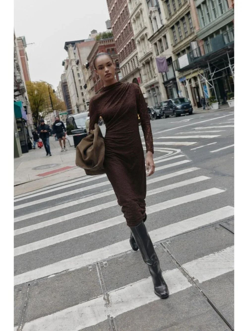 Zara Womens Sheath Dress Midi L Brown Pointelle Lace Draped 8741/264 NWOT